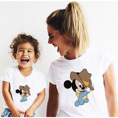 Baby Cowboy Mickey Kids T Shirt Summer Women/Men Family Matching Clothes Short Sleeve White O-neck Family Look T-shirts