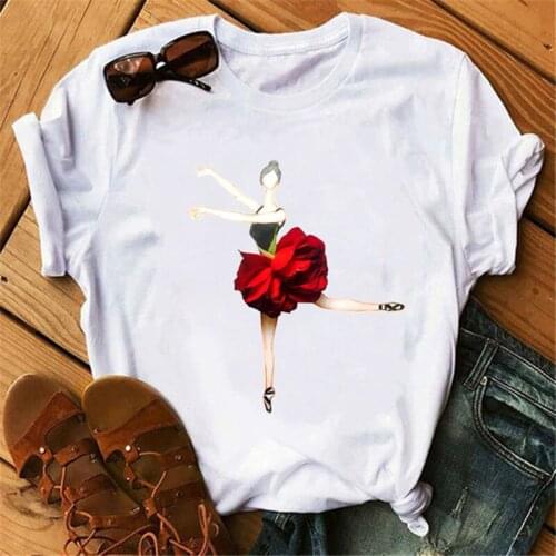 Fashion Flower Ballet Dancer Harajuku T Shirt Women Ullzang Cute T-shirt Funny Cartoon Graphic Tshirt 90s Fashion Top Tees