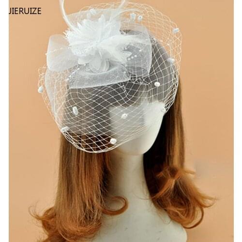 JIERUIZE Iovry White Black Red Birdcage Net Wedding Bridal Fascinator Face Veils Feather Flower with Hairpins Free Shipping