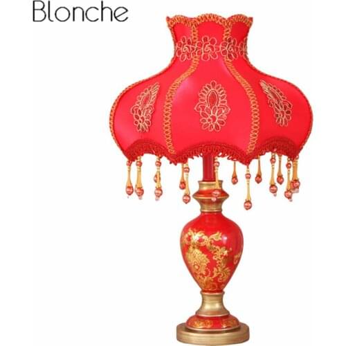 Red Wedding Table Lamp Led Desk Light Fabric Lampshade for Bedroom Bedside Lamp Study Luminaria Home Lighting Fixtures Decor E27