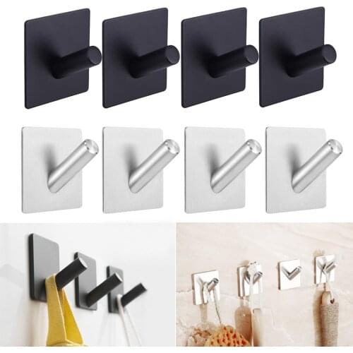 4PCS Stainless Steel Hooks Wall Mounted Sticky Hooks without Drill Kitchen Bathroom Heavy Duty Storage Hanger