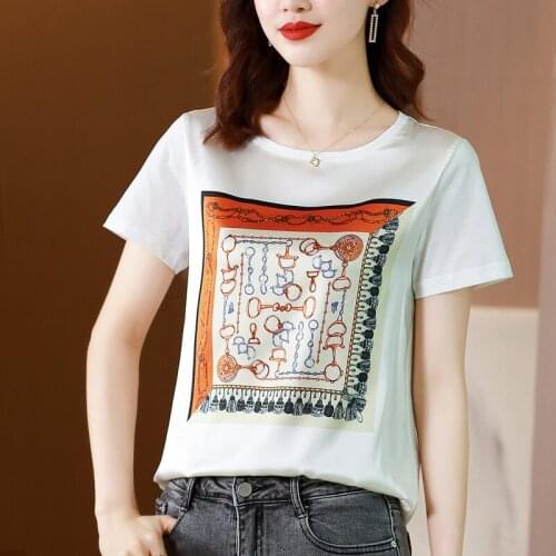 Summer Satin printing T-shirt Tops Women white Short Sleeve Casual O Neck Large size M-3XL
