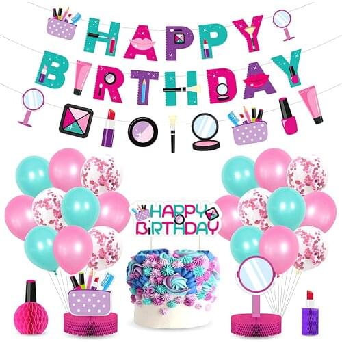 Makeup Birthday Party Decoration Set Including Sparkle Spa Banner Birthday Party Balloons and Cake Topper for Party Supplies