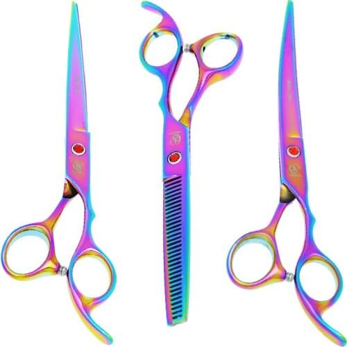 7" Professional Pet Scissors for Dog Grooming Steel 440C Animals Hair Cutting Tijeras 6.5" Thinning Scissor Curved Shears B0017A