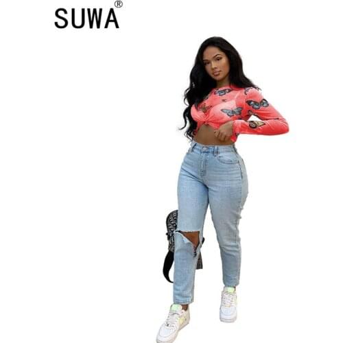 Fashion Mesh Colorful Print Sexy Tops Womens Basic T-shirts2020 Autumn Hot Sale Thin Slim Street Casual Tee Shirts mujer