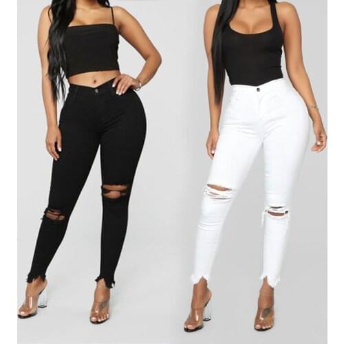 Richkeda Store New Black and white ripped jeans For women Slim denim jeans Casual Skinny pencil pants Fashion Womens clothing