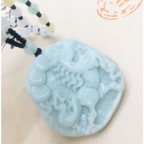 Pure natural Emerald jade hand carved engraving carving zodiac money horse pendant tricolor jade bead necklace men and women swe