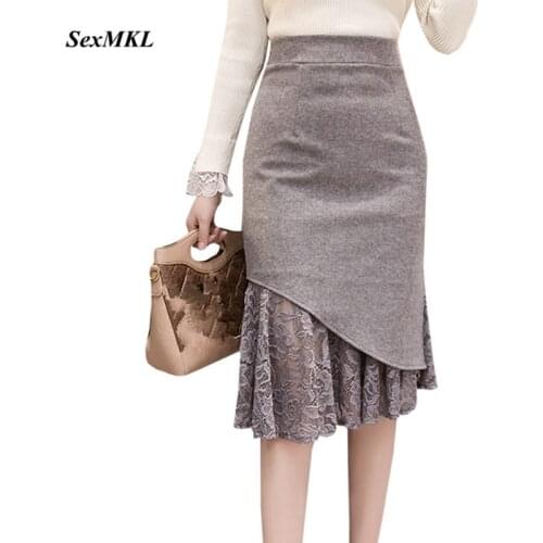 SEXMKL Faldas Mujer Moda 2020 Women High Waist Lace Patchwork Skirts Korean Streetwear Jupe Femme Midi Pencil Skirt Plus Size