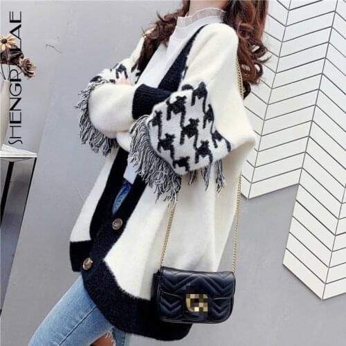 SHENGPALAE 2021 Autumn Womens Tassel Sweater V-neck Long Sleeve Single Breasted Large Size Cardigan Thickened Knit Coat ZT1425