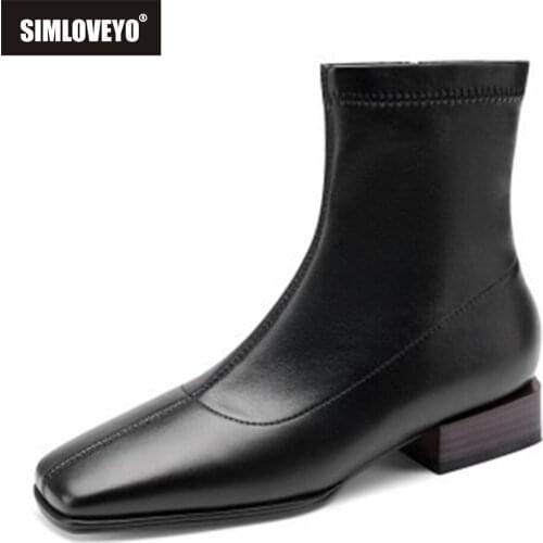 SIMLOVEYO 2021 New Designer Brand Ankle Boots for Women Stretchy Sock Bootie Zip Flat Square Low Heel Black Brown 31-43 S2437