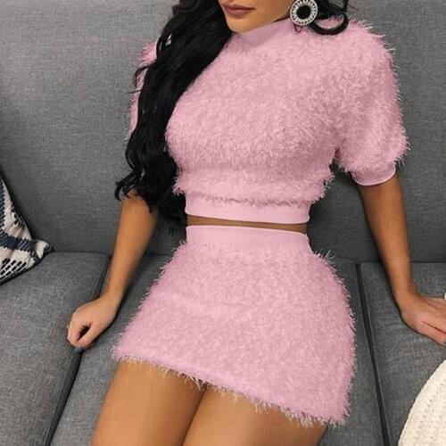 Two Piece Set Women Sweater +Pencil Skirt Suit Short Sleeve Fleece Crop Tops Bodycon Skirt 2 Pieces Set Women Knitted Clothes