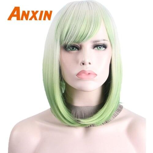 Short Ombre Wig Silver Gray Green Cosplay Wigs for Women Short Bob Wig No Bangs Middle Part Shoulder Length Not Human Hair Anxin