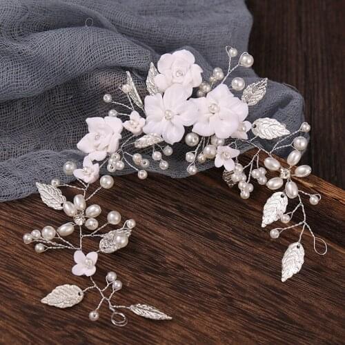 New Bride Soft pottery Flower Hairwear Silver Leaf Pearl Headbands Handwork Bridal Tiaras Crowns Wedding Hair Accessories