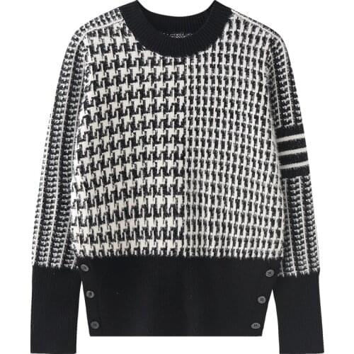 British style knitted sweater women 2021 western style black and white houndstooth mink sweater crew neck pullover women