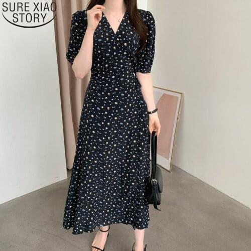 New Romantic Floral Dress Korean Chic Print Dresses Women Summer Elegant Office Lady V-neck Short Sleeve High Waist Dress 15300