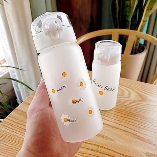 380ml Glass Water Bottle Creative Frosted Cup Pop Up Lid Flower Pattern Leakproof Portable Drinking Bottle with Hand Ring