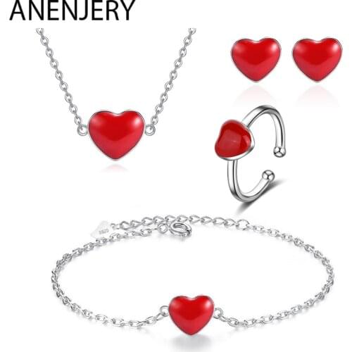 ANENJERY 925 Sterling Silver Classic Jewelry Sets Red Heart Necklace+Earrings+Ring+Bracelet For Women Gift