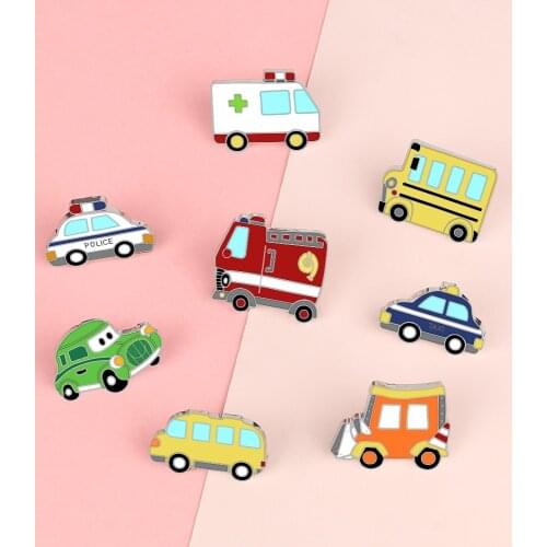 Cartroon Cute Ambulance Brooches School Bus Enamel Pins Taxi Fire Truck Bulldozer Lapel Pin Custom Badge Shirt Bag Jewelry Gifts