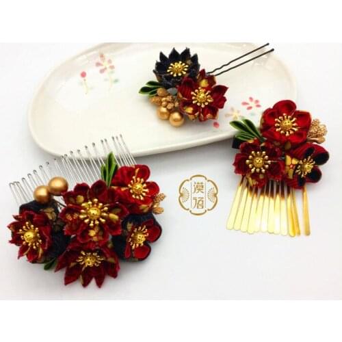 Japanese Hand-made Kimono Plum Flower Hairpin Woman Hair Clip Cosplay Kimono Hair Accessories Headdress Beautiful Red Headwear