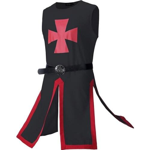 Medieval Knight Templar Crusader Costume Cosplay Men Vest Tunic Shirt Warriror Cavalier Armor Tabard Black Belted Sets C55M271