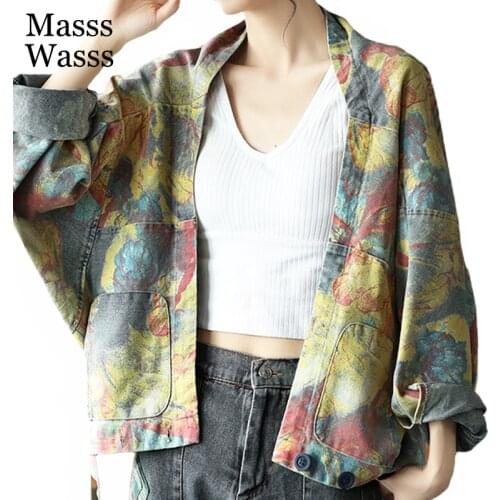 Masss Wasss 2021 Korean Design Streetwear Ladies Casual Batwing Sleeve Short Coats Women Flowers Denim Printed Jackets Plus Size