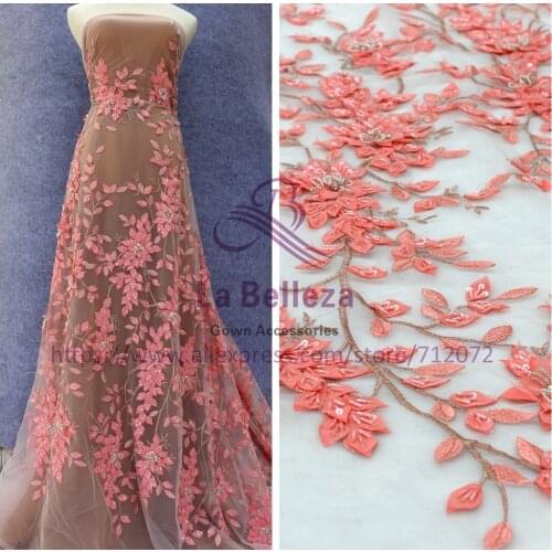 La Belleza New handmade / ivory orange 3D flowers leaves beading evening ddress lace fabric 1 yard