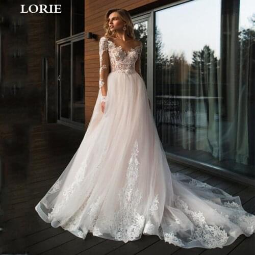 LORIE Elegant Full Sleeve Wedding Dress 2020 A Line Bridal Dress O-Neck Romantic Appliqued Lace Train Wedding Gowns