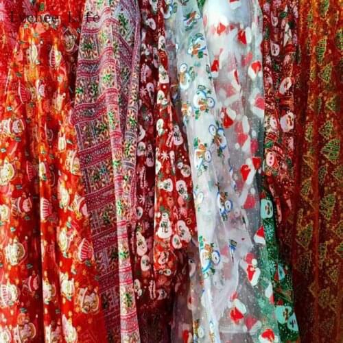 Lychee Life 1Yard Santa Claus Fabric Pattern Printing Process Organza Fabric Ribbon Performance Costume Decorative Yarn