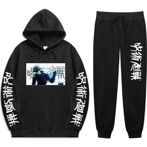 Mens Sets 2 Pieces Sets Jujutsu Kaisen Anime Tracksuit Autumn Winter Hooded Sweatshirt+Drawstring Pants Hoodies