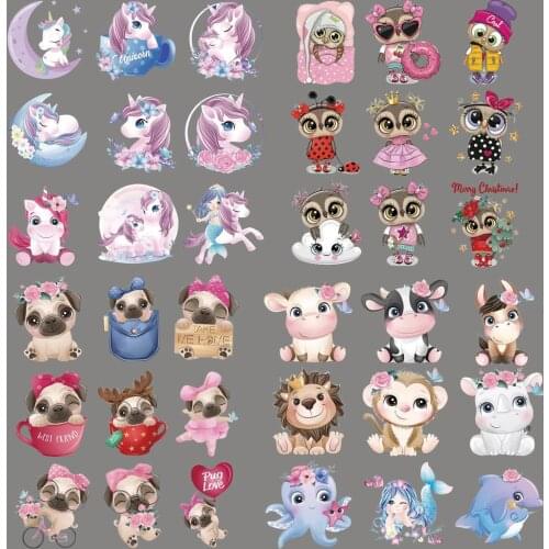 Set Of unicorn Dog Owl Iron-on Patches For Clothing Children T-shirt Decoration Heat Transfer Patches Garment Appliqued Sticker