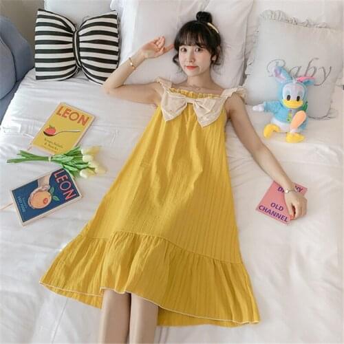 Nightdress with chest pad female summer cotton thin pijamas Korean version of the sexy cute bow robe home skirt sexy nightwear
