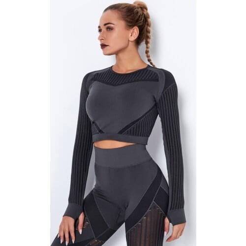 New Seamless Tracksuits Womens Crop Top Long Sleeves Women T-shirts Hollow Out Sport Fitness Gym Clothing Sexy Tops Women 2021