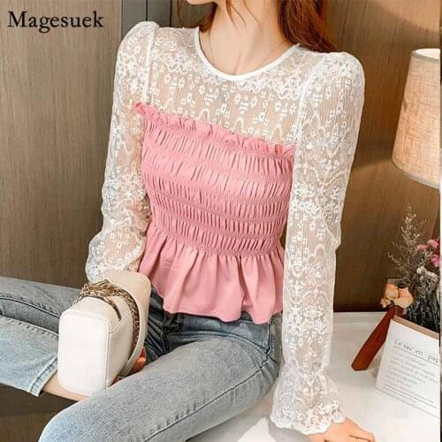 Autumn Ruffles Shirts Women Pullover Korean Lace Puff Sleeve Top Blouses and Shirts for Ladies O-neck Pleated Blouse Women 11908