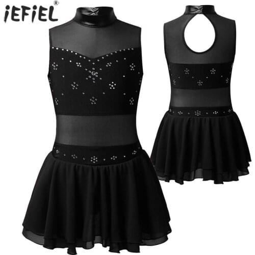 Girls Dress Sparkly Rhinestone Sleeveless Summer Dress Mesh Spliced Ice Roller Skating Ballet Dance Leotard Dress Kids Clothes