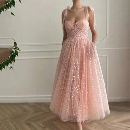 Modest Pink Hearty Tulle Prom Dresses 2021 Short Evening Gowns Bow Hot Sell Vestido de Festa Curto Pleated Pageant Party Dress