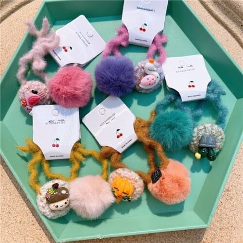 Cute Cartoon Elastic Hair Bands For Girls Accessories Set Kids Children Plush Hair Ring Hair Wear Princess Headdress 2 Piece