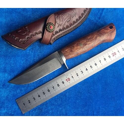 BOLTE VEYRON 12C27 blade wood handle Tactical fixed blade Small straight knife leather Sheath outdoor camping EDC knives tools
