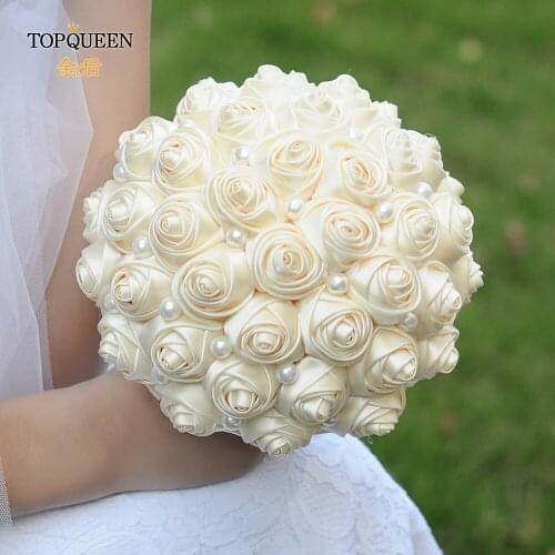 TOPQUEEN F3-I Bouquet of Artificial Flowers Wedding Bouquet Brooch Large Ivory Bouquet Ribbons Rose Flower Bridal Bouquets