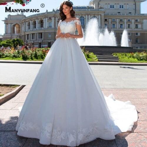 High-End O-Neck Embroidery Appliques Tulle Chapel Train Bridal Ball Gown Custom Made Cap Sleeve Button Back Wedding Dress