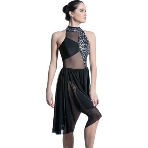 Top Quality Black Sequin Lace and Mesh Ballet, Lyrical Dress for Girls and Women Contemporary Dance Costumes 19611