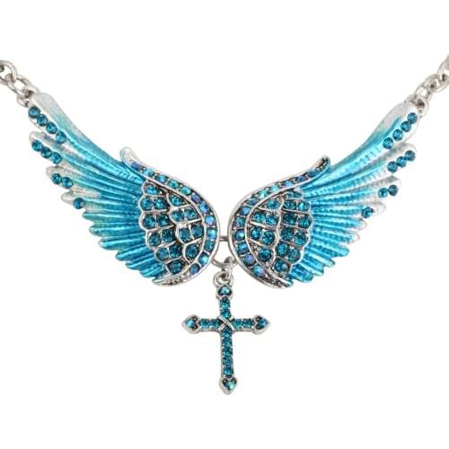 YACQ Angel Wings cross Choker Necklace Guardian Biker Crystal Goth Jewelry Gift for Women Silver Color NC08 Dropshipping (18+2)"