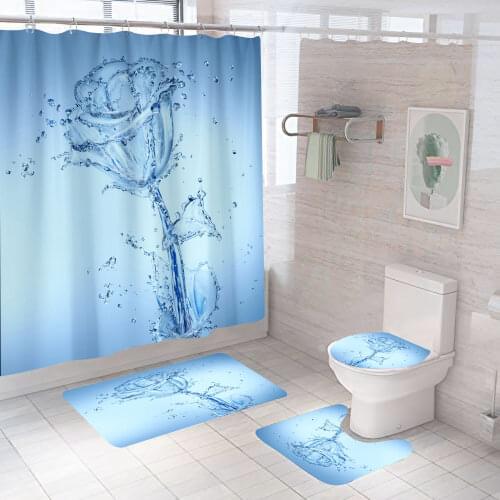 Blue Water Rose 3d Shower Curtain Flower Fantasy With Non Slip Rug Mat Bathroom Curtains Waterproof Polyester Home Decor 180x180