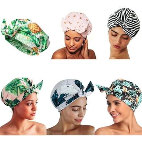 Women Satin Shower Cap Bonnet Cap Elastic Band with Bow Print Bonnet for Women Waterproof Shower Cap Bonnet Hat