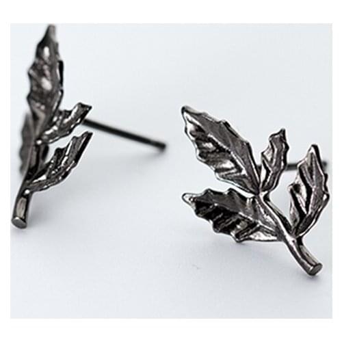 Retro 925 Sterling Silver Leaf Style Stud Earrings for Women Black Vintage Plant Fine Jewelry Gift Women 2019 New Design