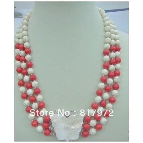 Woman 3 rows necklace white bead red stone mixed necklace butterfly clasp