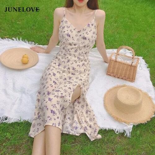 JuneLove French Retro V-Neck Strap Purple Floral Print Chiffon Dress Womem Vintage Sweet Midi Dress Split Casual Long Dress 2021