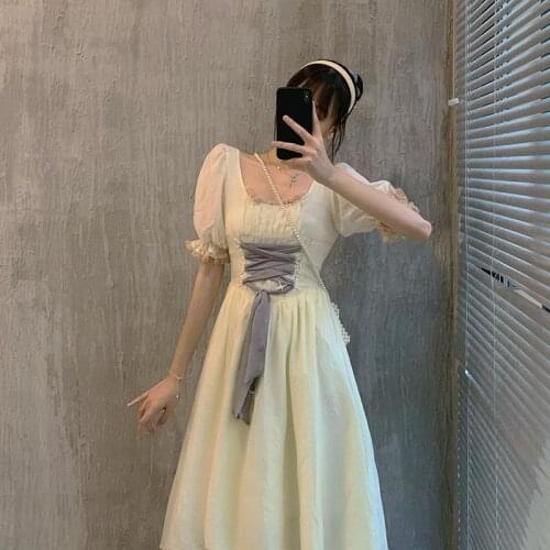 Bella Elegant Sweet Short Sleeve Princess Dress Summer Chic Square Collar Lace-Up Evening Party Dress Female Ruffles Vestidos