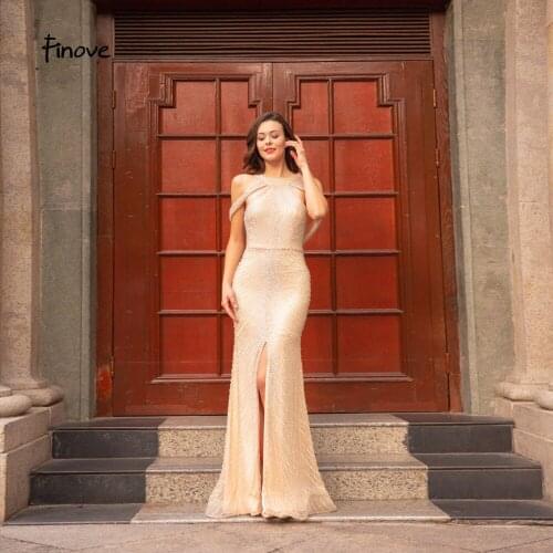 Finove Champagne Evening Dress 2020 New Sexy Backless With Shiny Fully Beaded Floor Length Long Elegant Party Dress Women Gowns