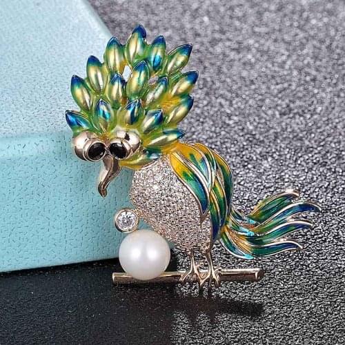 Zlxgirl cute Enamel Cubic zircon birds brooch accessories imitation pearl hijab pins women fashion wedding scarf pins jewelry
