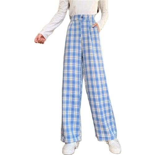 2021 Summer Simple Vintage Plaid Causal Long Women Pants Street Fashion Straight Wide Leg Pant